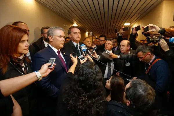 (Davos - Suíça, 23/01/2019) Presidente da República, Jair Bolsonaro, e o Presidente da Colômbia, Iván Duque Márquez, durante declaração conjunta sobre o Governo da Venezuela.